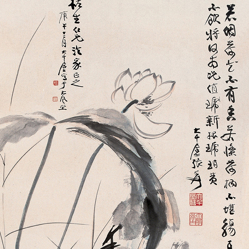 名家张大千水墨画莲塘图卷轴画家居客厅装饰画国画荷花墨荷挂画