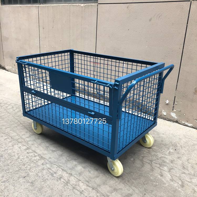 手推车轮子置物架拉货平板车手拉车围栏铁框铁笼仓储笼周转箱