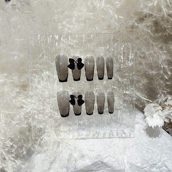 24PCS Black Bow False Nails  Dark Style Long Press on