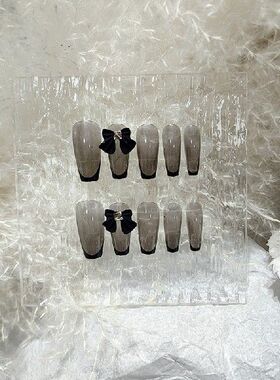 24PCS Black Bow False Nails  Dark Style Long Press on