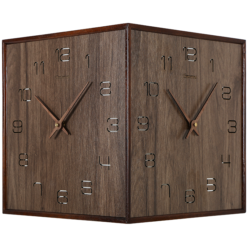 双面挂钟客厅个性创意拐角钟表家用现代简约北欧大气静音实木时钟