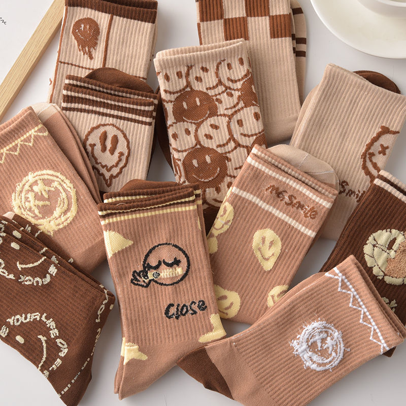 咖色袜子女中筒ins潮百搭高颜值森系校园学生袜子女长袜中筒棉袜