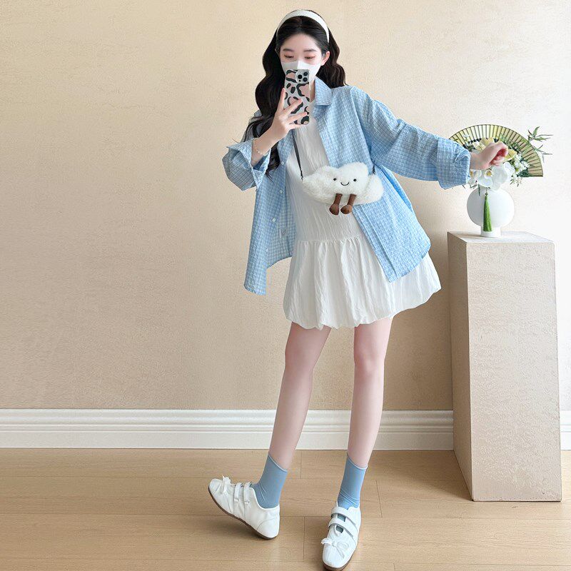 好货孕妇夏装套装潮妈洋气减龄孕妇装宽松格子衬衫背心裙怀孕期两