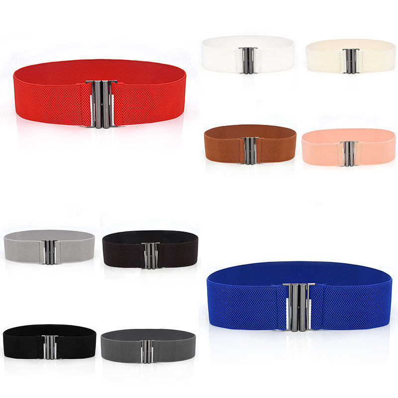 Wide Elastic Belt Solid Color Corset Belt Metal Buckle Lady