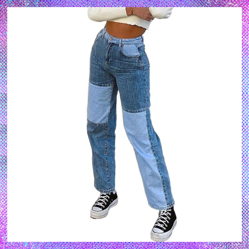 Spring Autumn Women Patchwork Mom Jeans Casual Loose High Wa