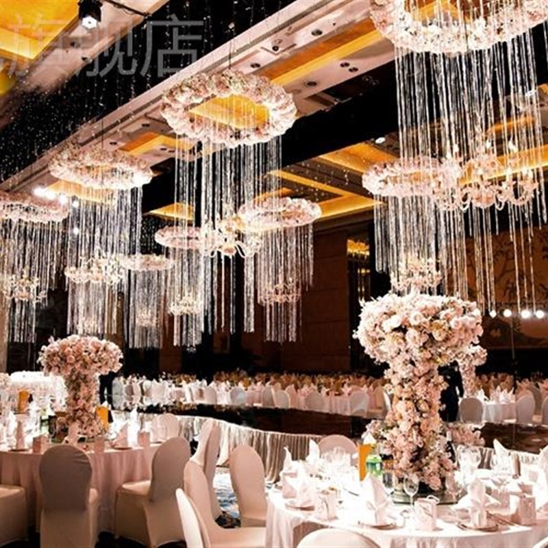 新款婚庆道具吊顶圆环珠帘圆形花环铁艺吊环线帘婚礼舞台圆环吊顶