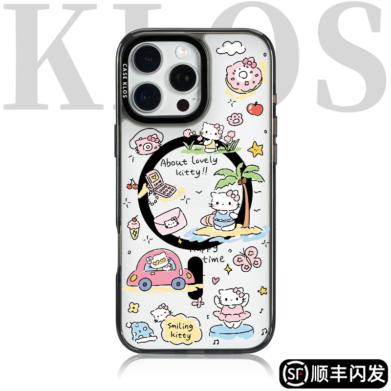 KLOS度假日可爱磁吸苹果新款透明防摔保护套kitty猫卡通超薄软小众ins高级感iPhone16/15/14/13ProMax手机壳
