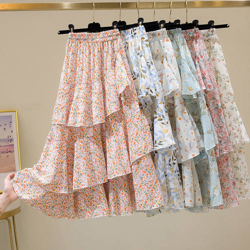 极速Half-length skirt new  summer floral irregular lotus lea