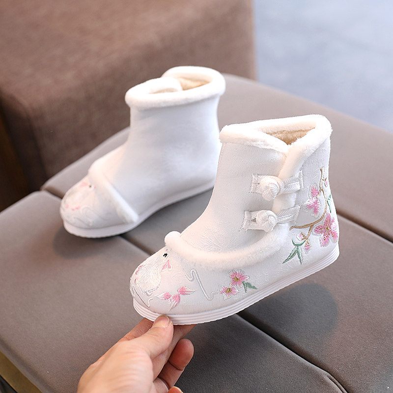 极速【现货】冬款女童汉服鞋子儿童小兔子加绒绣花鞋老北京手工布