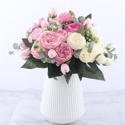 极速30cm Rose Pink Silk Peony Artificial Flowers Bouquet 5 B