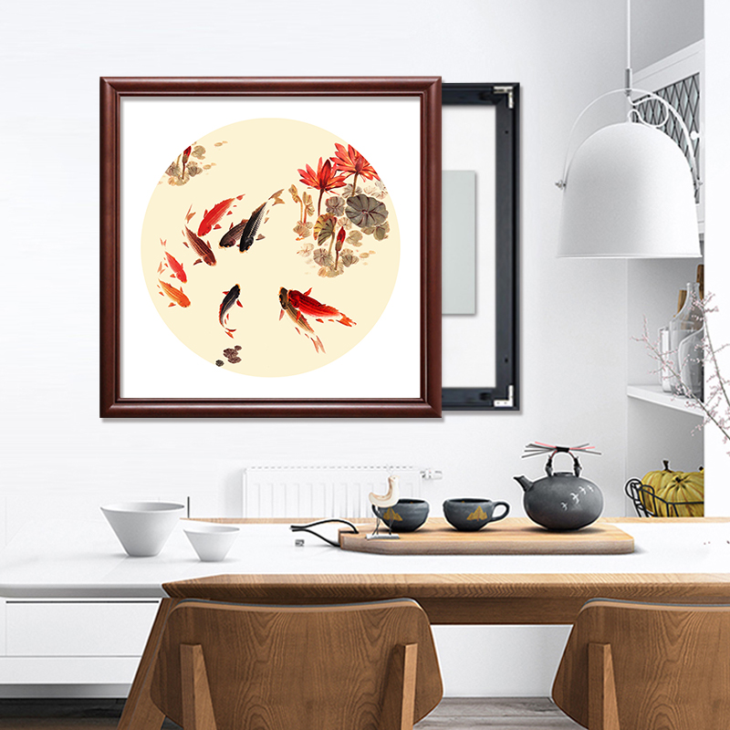 荷花电表箱新中式装饰画免打孔遮挡电闸盒配电箱推拉轨道餐厅挂画