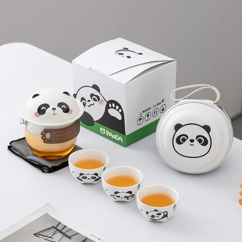 第二集熊猫快客杯陶瓷便携式旅行茶具套装一壶三杯户外露营随茶杯
