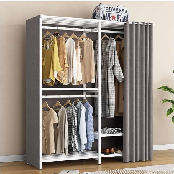 9W落地衣帽架卧室家用铁艺衣柜开放式布衣橱带防尘帘简易衣柜加粗