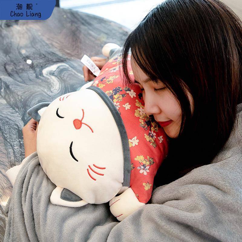 日式猫抱枕被子两用沙发靠背垫办公室座椅护腰靠垫汽车腰红色包邮