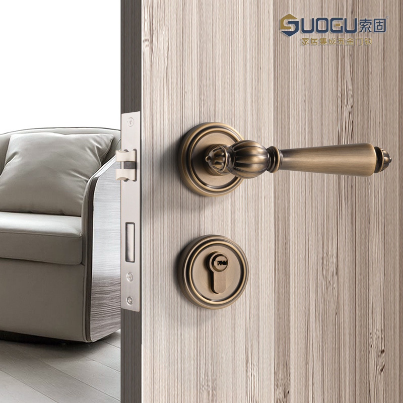 索固室内法式把手锁分体古铜色卧室磁吸静音木门通用房间门把锁