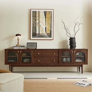 北欧实木电视柜家用小户型拱形门落地柜客厅美式复古储物视听柜子