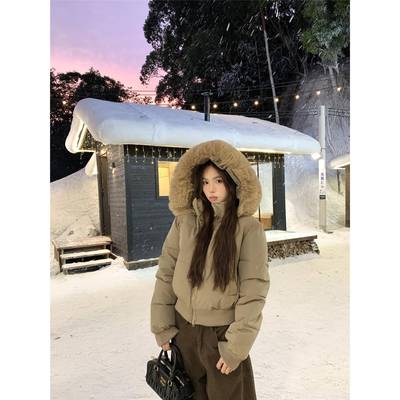 PPHOME覆古大毛领连帽棉服短外套女秋冬加厚保暖美式收腰显瘦棉衣