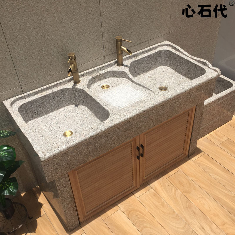大理石洗衣池带搓板室外庭院户外水池天然石头洗衣水槽双池双槽盆