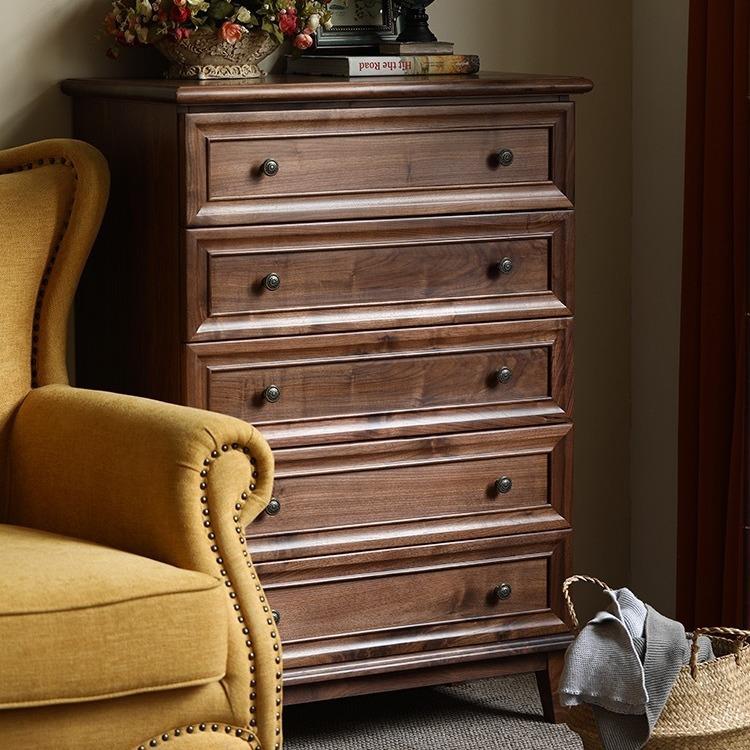 美式全实木五斗柜黑胡桃木斗橱复古收纳柜储物柜客厅边柜卧室斗柜