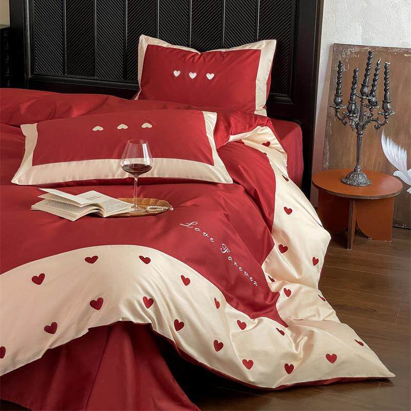 轻奢红色爱心结婚备婚纯棉床上四件套现代新婚庆100S长绒棉大红