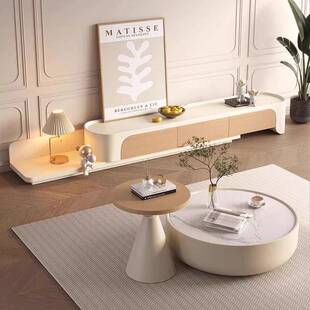 奶油风实木岩板茶几客厅家用原木色拉伸电视柜组合大小户型落地柜