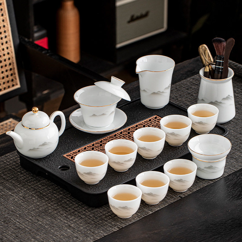 羊脂玉冰种水墨风雾山茶具套装家用高档陶瓷盖碗茶壶茶杯功夫泡茶