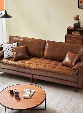 中古风沙发小户型客厅法式复古简约时尚三人位焦糖色油蜡真皮沙发