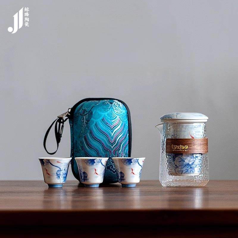 仿古荷韵旅行茶具套装中国风便携式车载快客杯户外旅游泡茶器套组