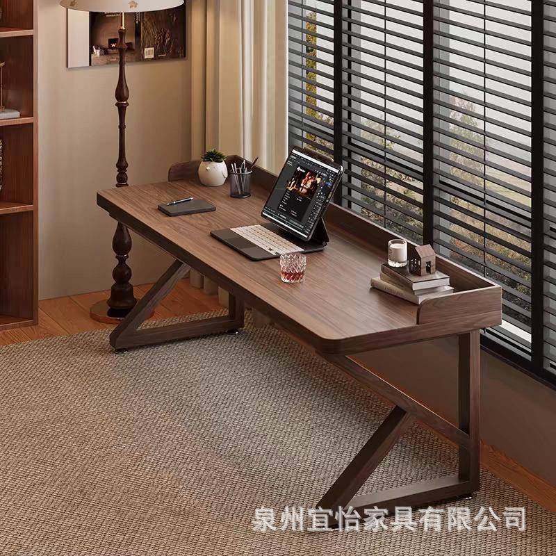 全实木双人书桌加挡板台式电脑桌长条电竟床边桌子家用简约学习桌