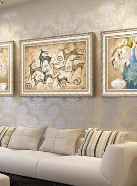 欧式壁画客厅动物装饰画发财鹿油画大气组合墙面挂画