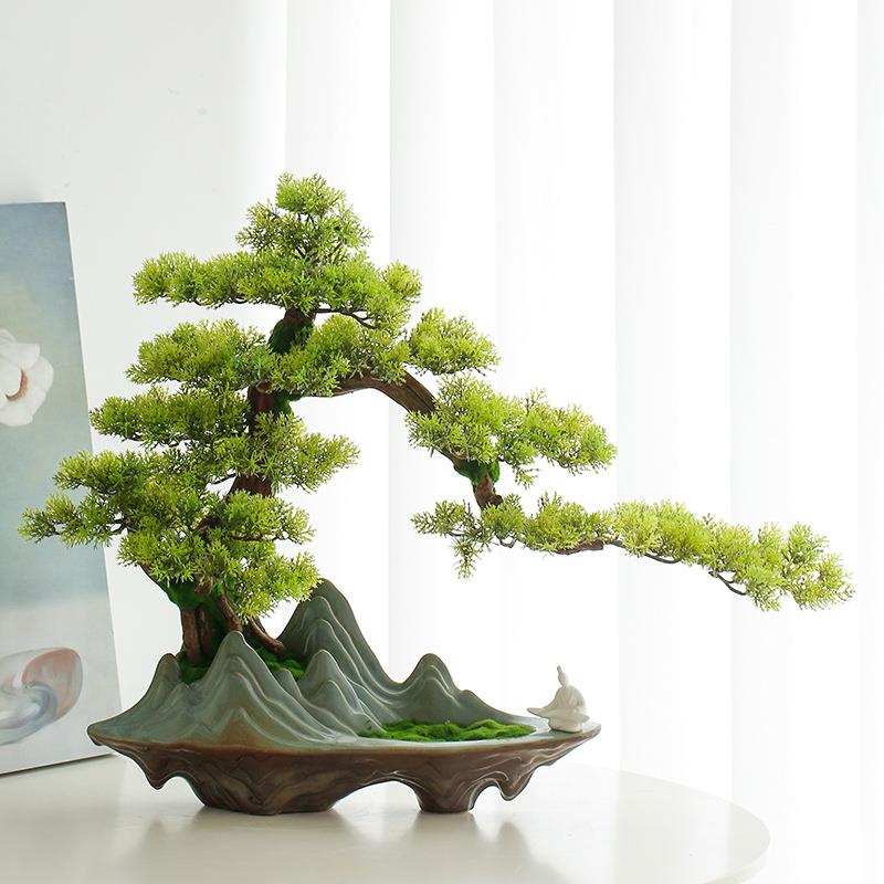 创意玄关软装饰品样板间新中式客厅办公室仿真迎客松绿植盆景摆件