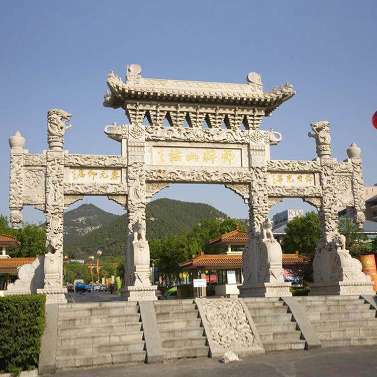 制作三门五楼石雕牌坊户外景区青石牌坊牌楼村头大门摆件