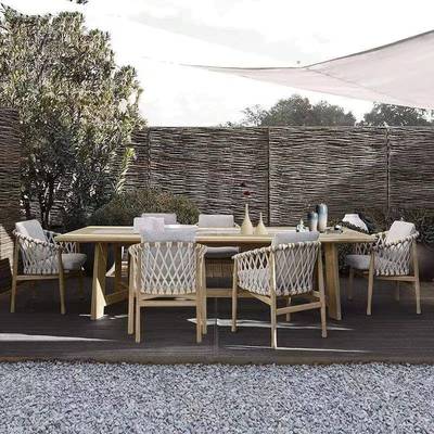 缅甸/南美柚木桌椅组合户外别墅庭院露天花园编织带椅子