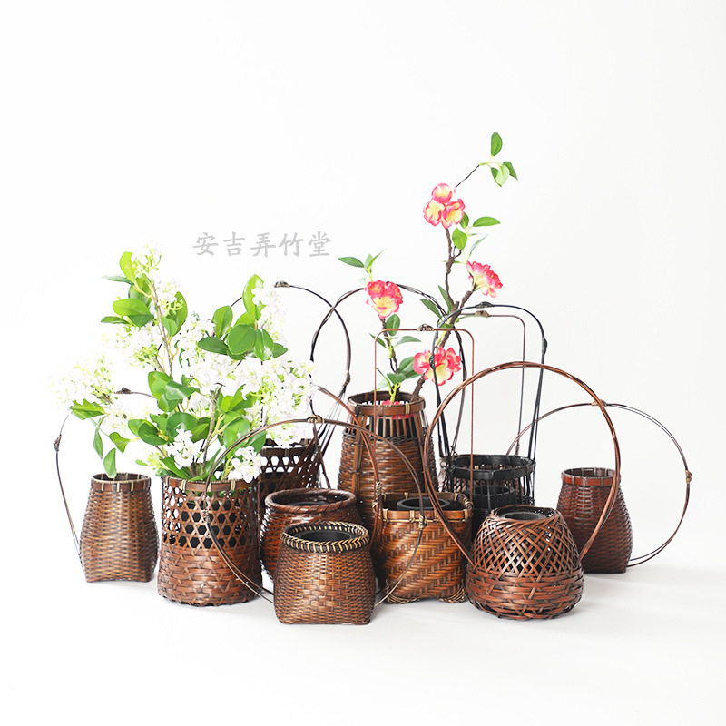 竹编花器复古竹编插花篮花道工艺品便携式客厅创意小竹篮花瓶摆件