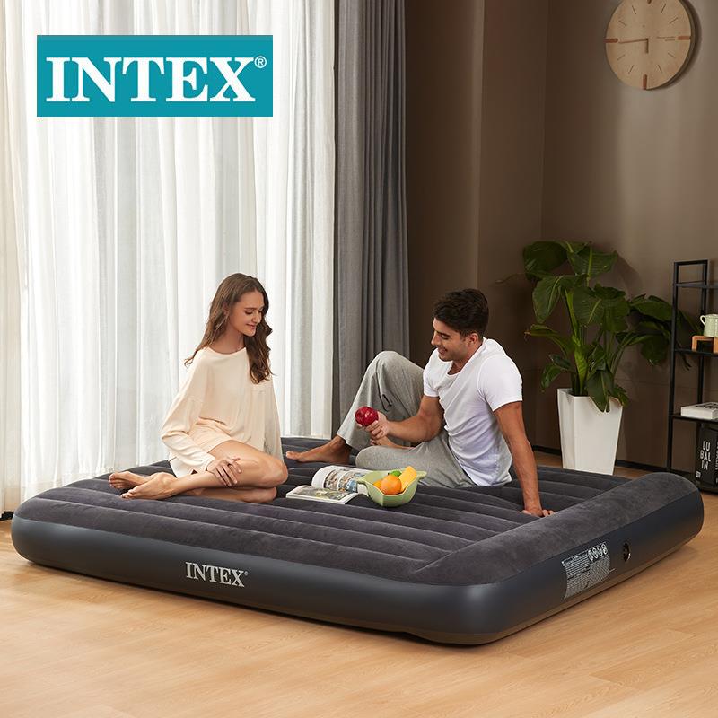INTEX64144黑白内置枕头单层特大线拉空气床植绒野营充气床垫