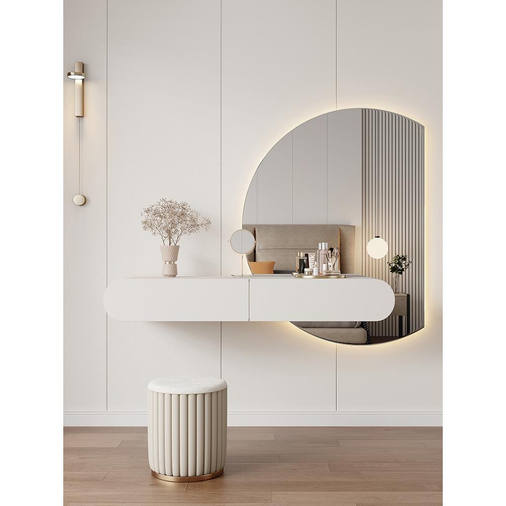 奶油风悬浮梳妆台现代简约卧室极简化妆台壁挂悬空化妆桌镜子组合