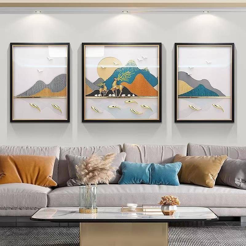 现代轻奢九鱼山水沙发背景三联挂画立体实物手工立体画客厅装饰画图片