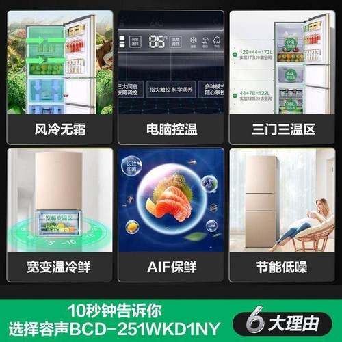 容门声251升电冰箱三开温区风冷三霜电脑BOG温控节能省电冰无箱家