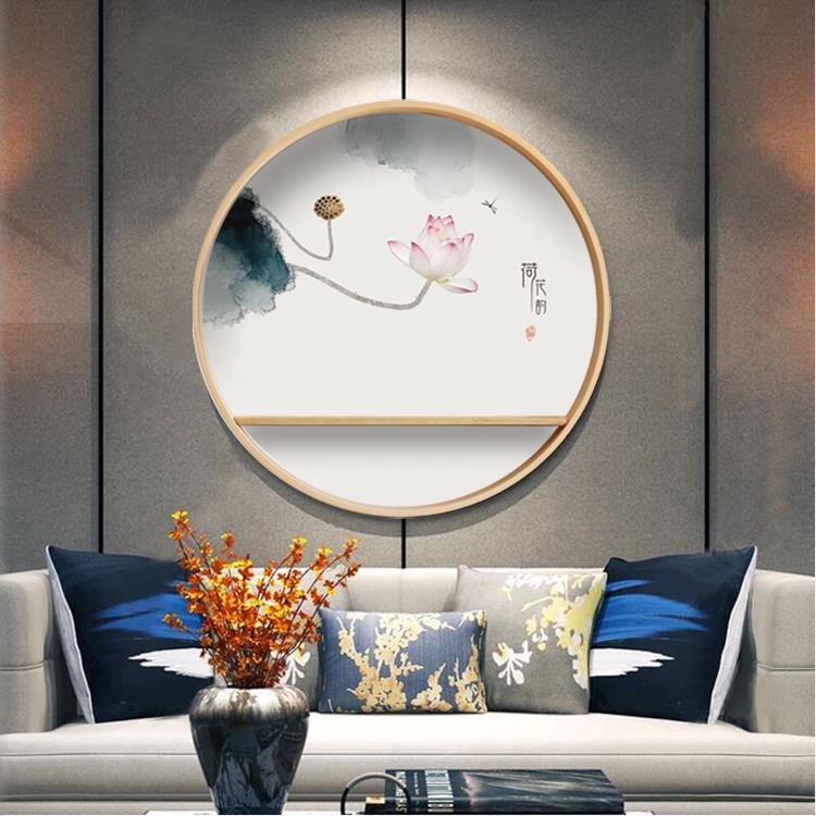 实木圆形禅意装饰画新中式客厅入户玄关挂画餐厅茶室日式水墨壁画图片