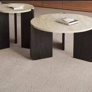 风实木石茶几极简小茶台桌小户型客厅用家圆形阳台80821大理石矮