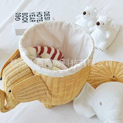 白手工LCX织大藤象立体造型收纳篮带盖杂物收纳筐儿童房样板编装