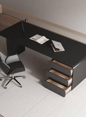 意式极简板岩办公桌小户型计书桌现代轻新奢设XTI感黑色老板电品