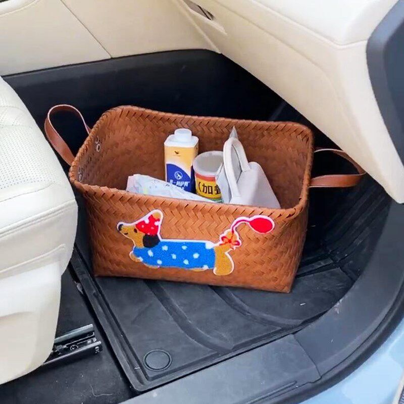 汽车副驾驶收纳箱后备箱车载实用型大容量多功能仿藤编杂物储物箱