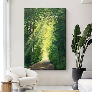 手绘绿色森林小路风景挂画丁达尔效应客厅装饰画玄关大芬村油画