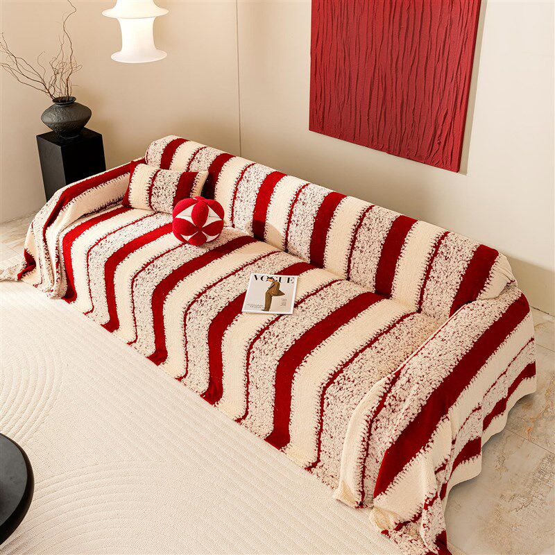 秋冬沙发垫条纹轻奢高级感红色防滑2024新款直排沙发全盖布靠背巾