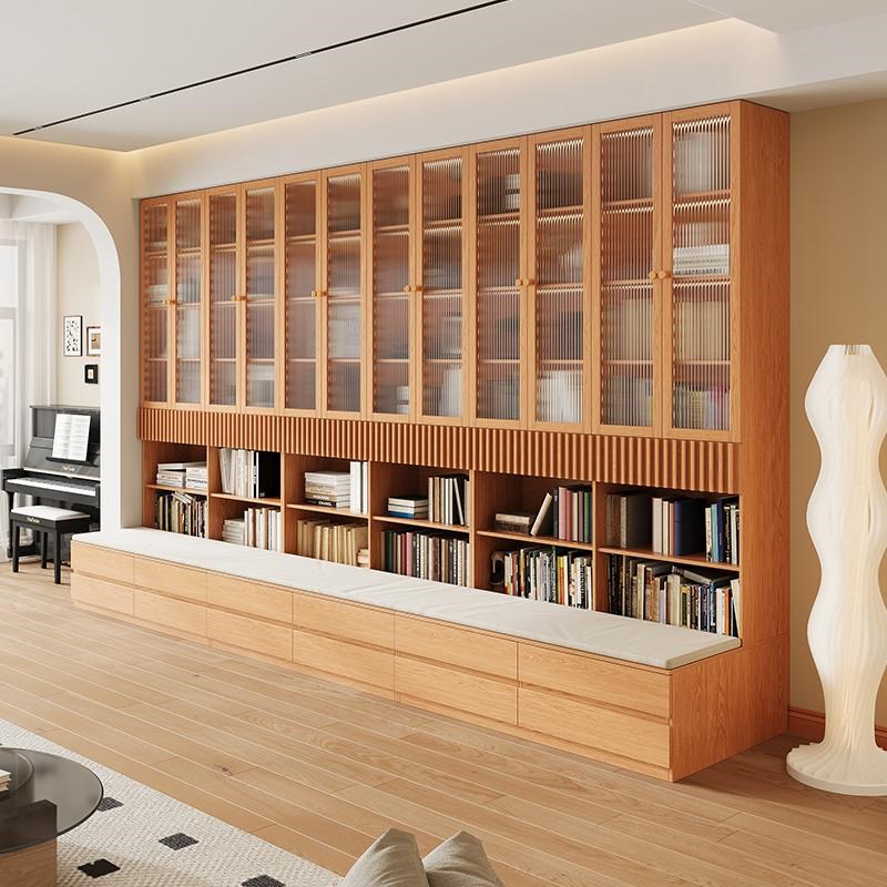 实木定制卡座书柜一体整墙客厅z书架橡木满墙置储物落地玻璃展示