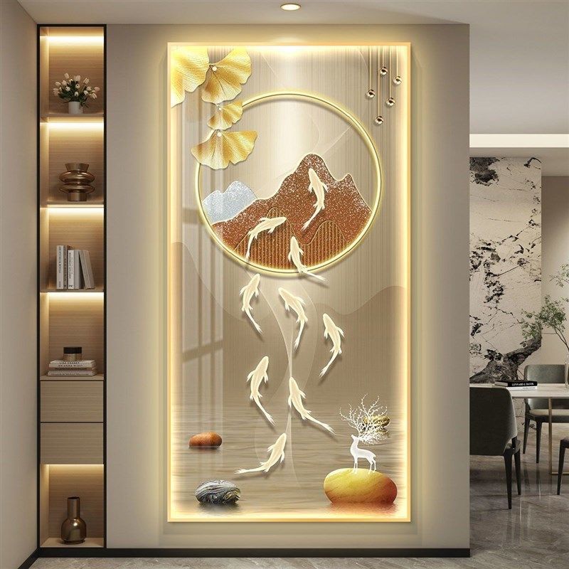 轻奢lecd带灯画九鱼图入户玄关装饰画简约现代高级感走廊过道挂画