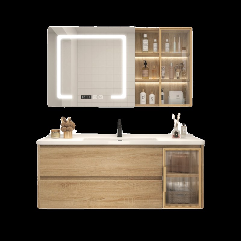 原木色实木浴室柜镜柜组合卫生间洗脸盆柜洗漱台陶瓷一.体洗脸盆