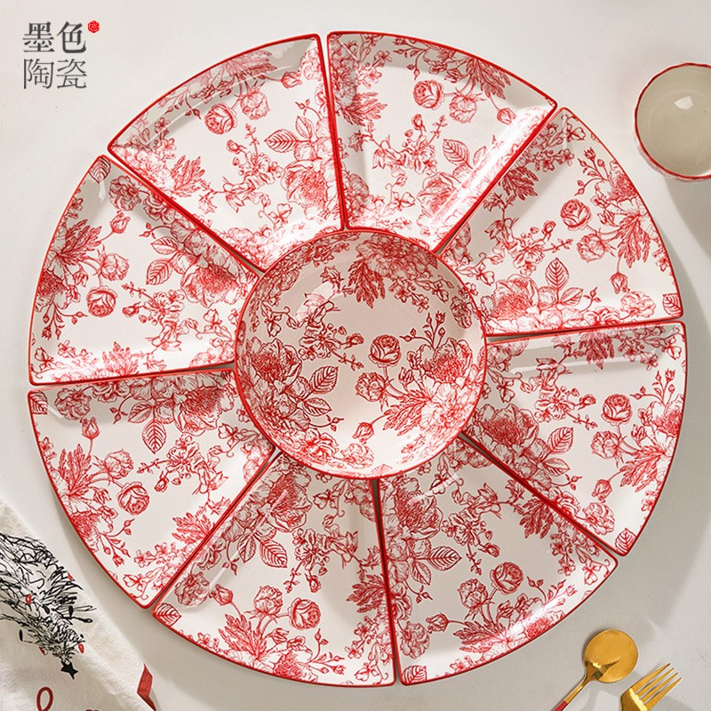 过年团圆饭拼e盘餐具组合新年圆桌扇形碗碟套装家用年夜饭家庭盘