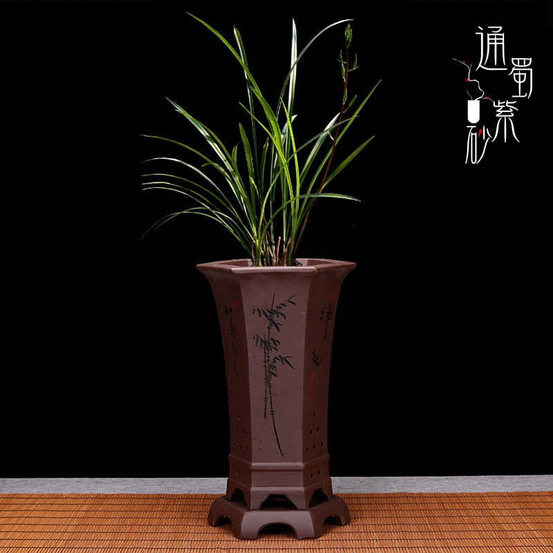 精品紫砂兰花专用盆带托盘高束腰六方刻绘室内手工陶瓷盆栽兰草盆